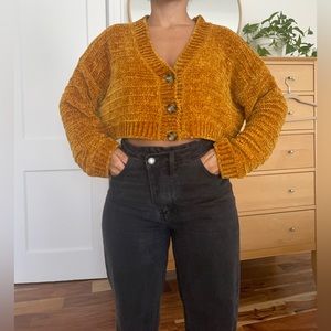 Mustard yellow chunky velour cropped cardigan size small